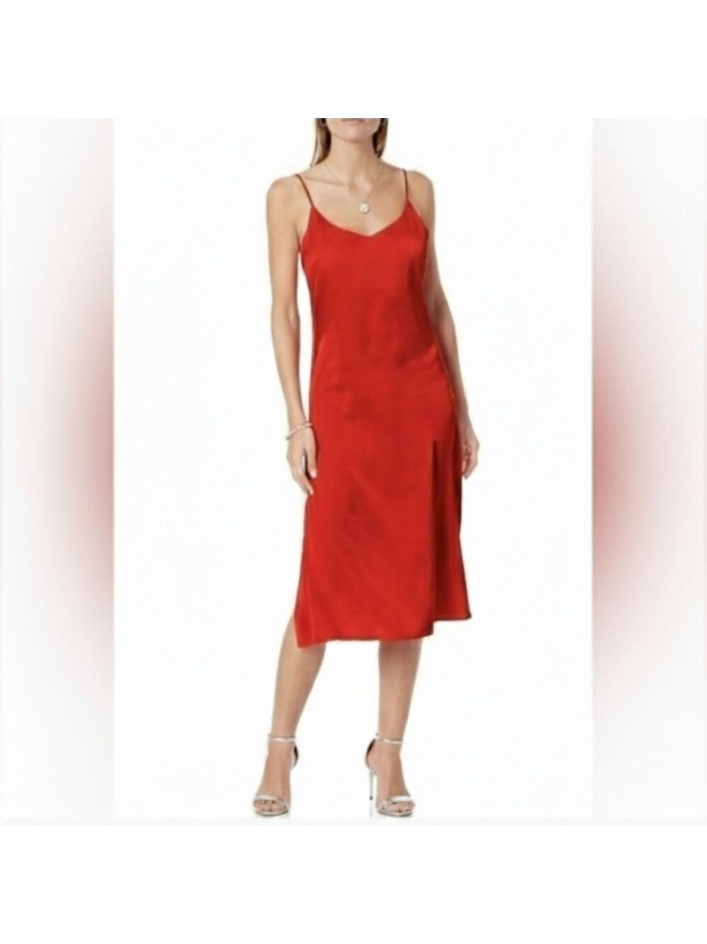 🌹The Drop Ana Silky Red Satin V- Neck Midi Slip Dress Medium, Valentine's Day🌹